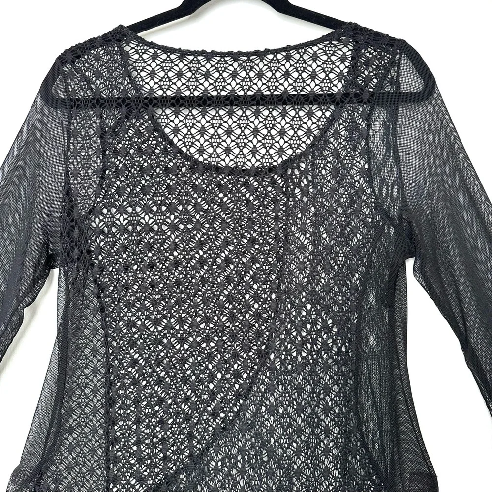 Boho Y2K Black Sheer Crochet Patchwork Whimsigoth Asymmetrical Mixed Media Tunic - Picture 8 of 9